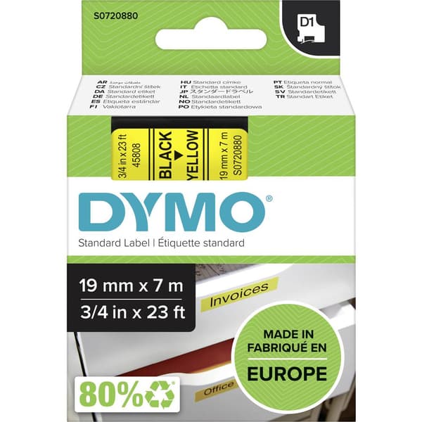 Märkband DYMO D1 45808 Bandfärg: Gul Skriftfärg:Svart 19 mm 7 m