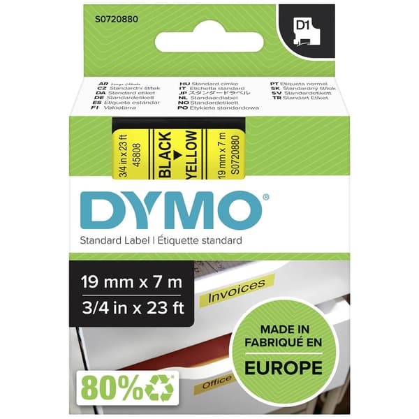 Märkband DYMO D1 45808 Bandfärg: Gul Skriftfärg:Svart 19 mm 7 m