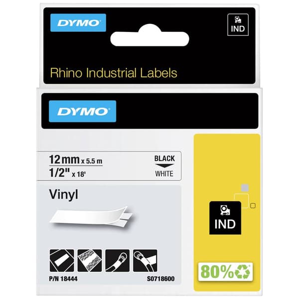 Märkband DYMO IND RHINO 18444 Vinyl Bandfärg: Vit Skriftfärg:Svart 12 mm 5.5 m