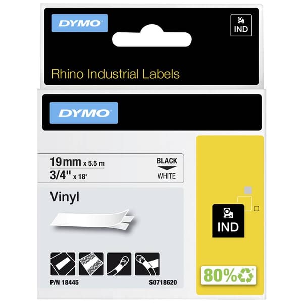 Märkband DYMO IND RHINO 18445 Vinyl Bandfärg: Vit Skriftfärg:Svart 19 mm 5.5 m