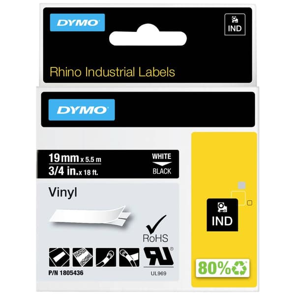 Märkband DYMO IND RHINO 1805436 Vinyl Bandfärg: Svart Skriftfärg:Vit 19 mm 5.5 m
