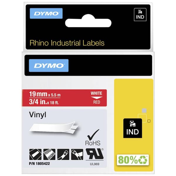Märkband DYMO IND RHINO 1805422 Vinyl Bandfärg: Röd Skriftfärg:Vit 19 mm 5.5 m