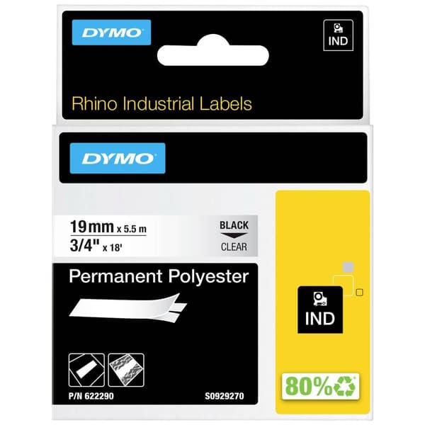 Märkband DYMO IND RHINO 622290 Polyester Bandfärg: Transparent Skriftfärg:Svart 19 mm 5.5 m