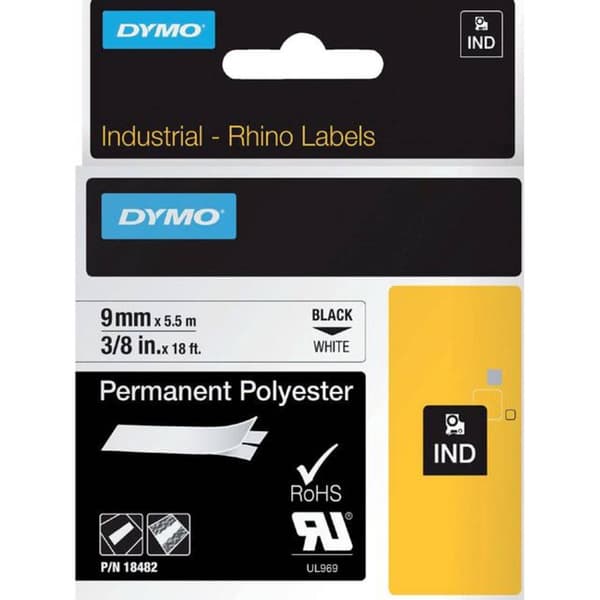 Märkband DYMO IND RHINO 18482 Polyester Bandfärg: Vit Skriftfärg:Svart 9 mm 5.5 m