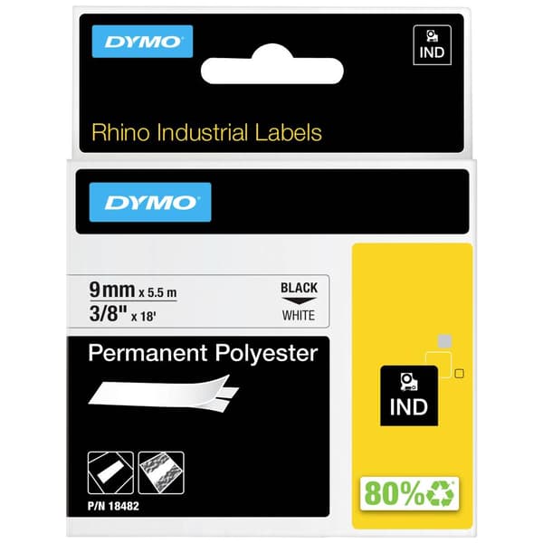 Märkband DYMO IND RHINO 18482 Polyester Bandfärg: Vit Skriftfärg:Svart 9 mm 5.5 m