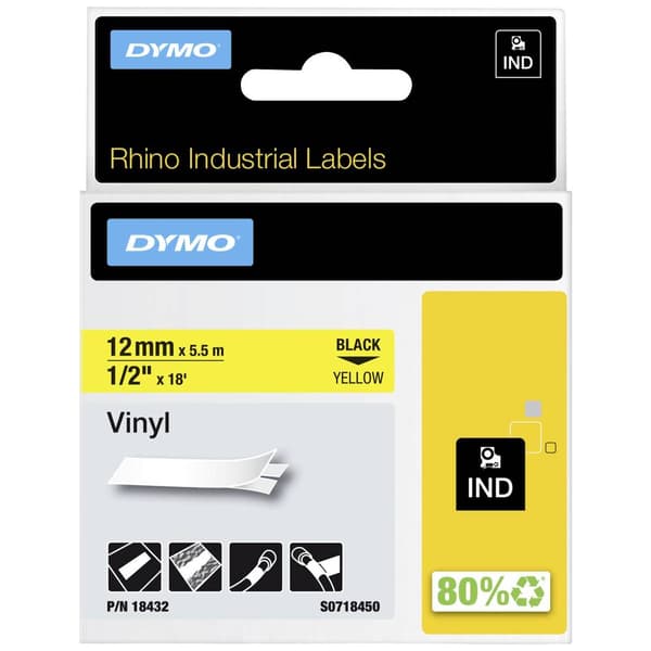 Märkband DYMO IND RHINO 18432 Vinyl Bandfärg: Gul Skriftfärg:Svart 12 mm 5.5 m