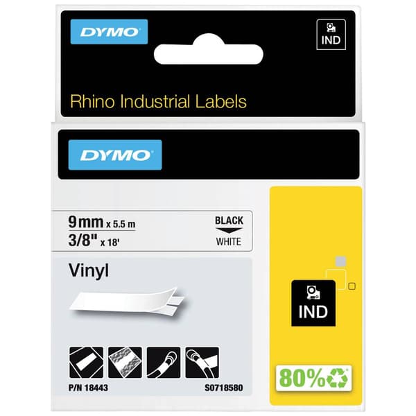 Märkband DYMO IND RHINO 18443 Vinyl Bandfärg: Vit Skriftfärg:Svart 9 mm 5.5 m
