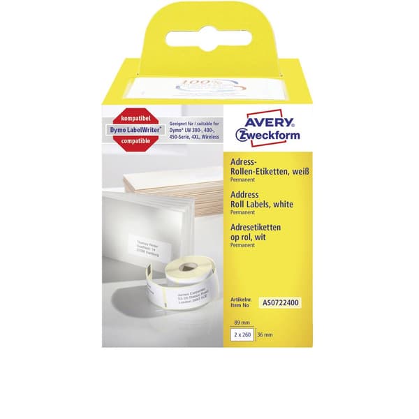 Avery-Zweckform Etikettrulle Kompatibel Ersätter DYMO, Seiko 99012, S0722400 89 x 36 mm Papper Vit 520 st Permanent Adr