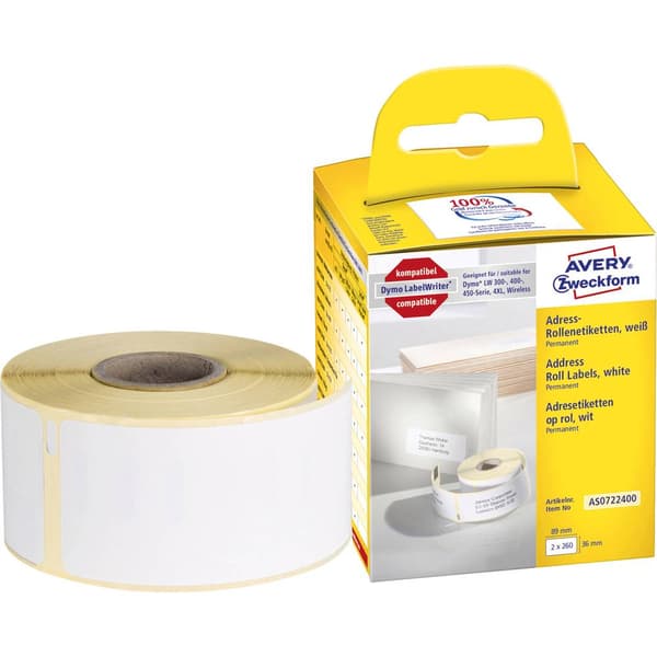 Avery-Zweckform Etikettrulle Kompatibel Ersätter DYMO, Seiko 99012, S0722400 89 x 36 mm Papper Vit 520 st Permanent Adr
