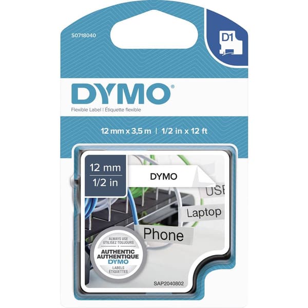 Märkband DYMO D1 S0718040 Polyamid Bandfärg: Vit Skriftfärg:Svart 12 mm 3.5 m