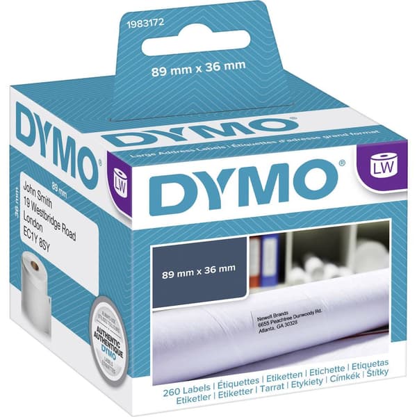 DYMO Etikettrulle 1983172 1983172 89 x 36 mm Papper Vit 260 st Permanent Fraktetiketter
