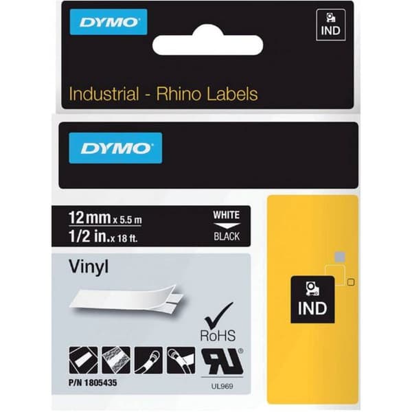 Märkband DYMO IND RHINO 1805435 Vinyl Bandfärg: Svart Skriftfärg:Vit 12 mm 5.5 m