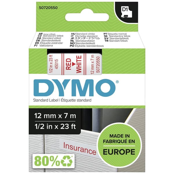 Märkband DYMO D1 45015 Bandfärg: Vit Skriftfärg:Röd 12 mm 7 m