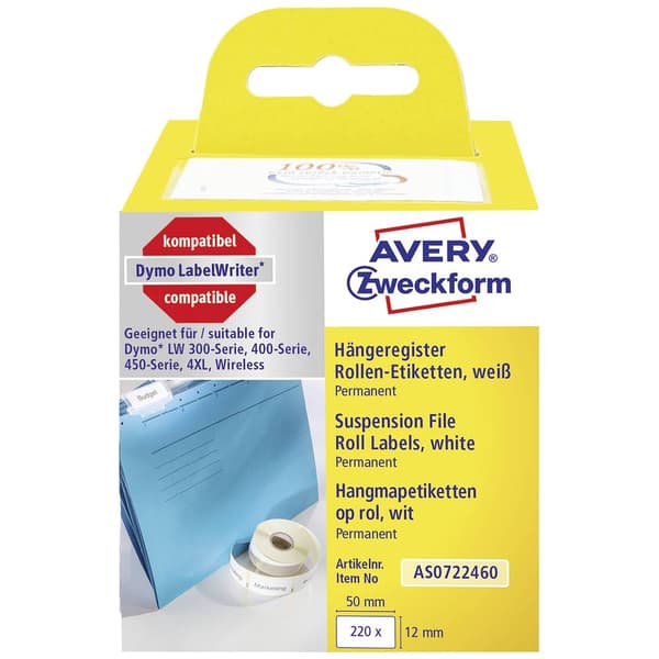 Avery-Zweckform Etikettrulle Kompatibel Ersätter DYMO 99017, S0722460 50 x 12 mm Papper Vit 220 st Permanent Etiketter