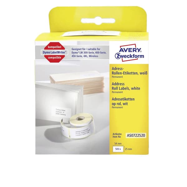 Avery-Zweckform Etikettrulle Kompatibel Ersätter DYMO 11352, S0722520 54 x 25 mm Papper Vit 500 st Permanent Adressetik
