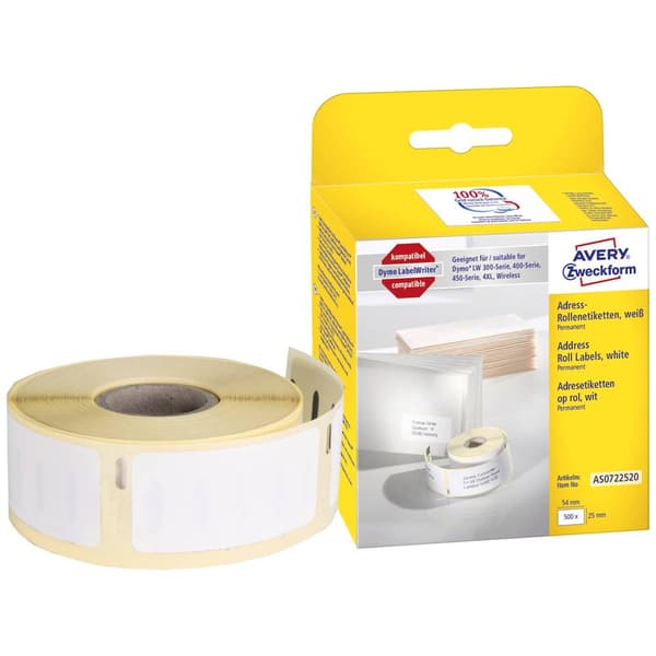 Avery-Zweckform Etikettrulle Kompatibel Ersätter DYMO 11352, S0722520 54 x 25 mm Papper Vit 500 st Permanent Adressetik