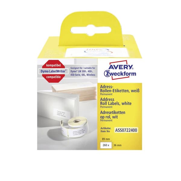 Avery-Zweckform Etikettrulle Kompatibel Ersätter DYMO, Seiko 99012, S0722400 89 x 36 mm Papper Vit 260 st Permanent Adr