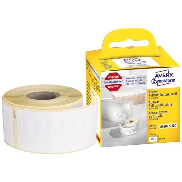 Avery-Zweckform Etikettrulle Kompatibel Ersätter DYMO, Seiko 99012, S0722400 89 x 36 mm Papper Vit 260 st Permanent Adr