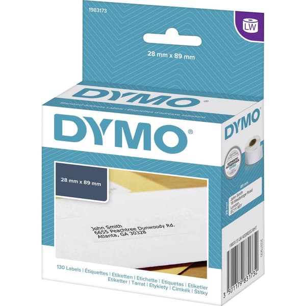 DYMO Etikettrulle 1983173 1983173 89 x 28 mm Papper Vit 130 st Permanent Adressetiketter