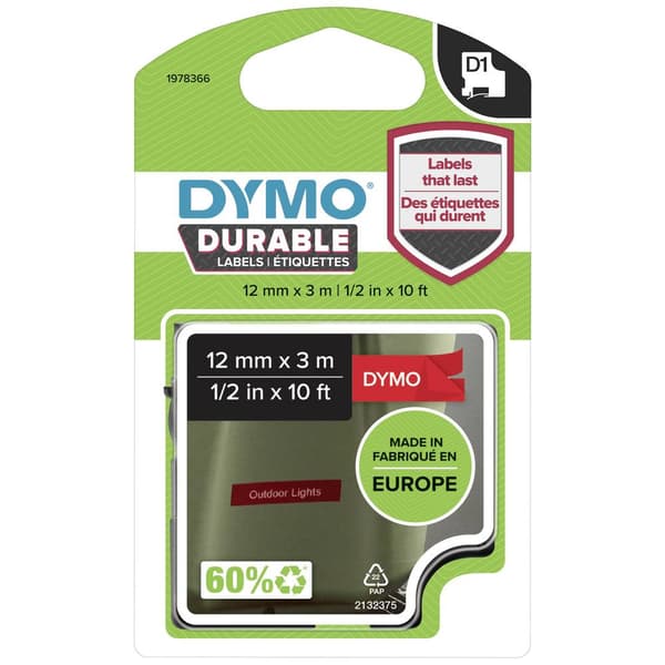Märkband DYMO D1 1978366 Vinyl Bandfärg: Röd Skriftfärg:Vit 12 mm 3 m