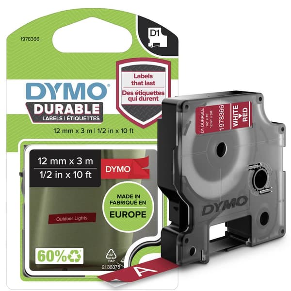 Märkband DYMO D1 1978366 Vinyl Bandfärg: Röd Skriftfärg:Vit 12 mm 3 m