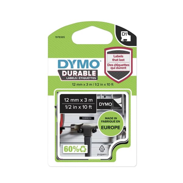 Märkband DYMO D1 1978365 Vinyl Bandfärg: Svart Skriftfärg:Vit 12 mm 3 m