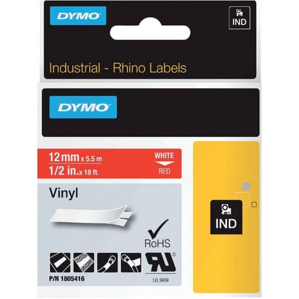 Märkband DYMO IND RHINO 1805416 Vinyl Bandfärg: Röd Skriftfärg:Vit 12 mm 5.5 m