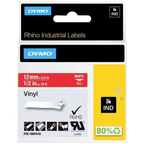 Märkband DYMO IND RHINO 1805416 Vinyl Bandfärg: Röd Skriftfärg:Vit 12 mm 5.5 m