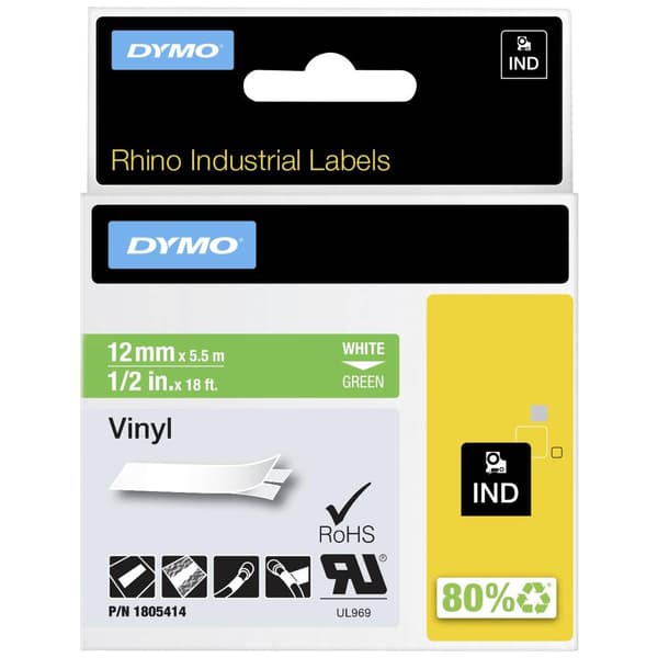 Märkband DYMO IND RHINO 1805414 Vinyl Bandfärg: Grön Skriftfärg:Vit 12 mm 5.5 m