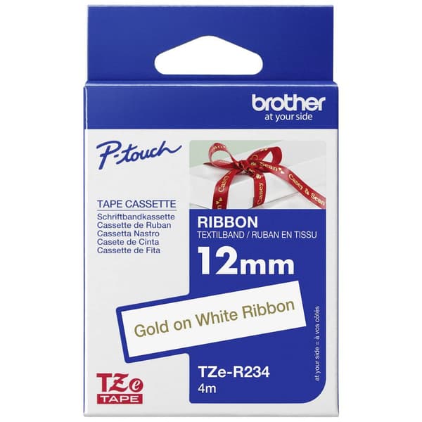 Märkband olaminerad textil Brother TZe, TZ TZe-R234 Bandfärg: Vit Skriftfärg:Guld 12 mm 4 m