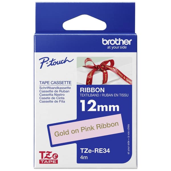 Märkband olaminerad textil Brother TZe, TZ TZe-RE34 Bandfärg: Rosa Skriftfärg:Guld 12 mm 4 m