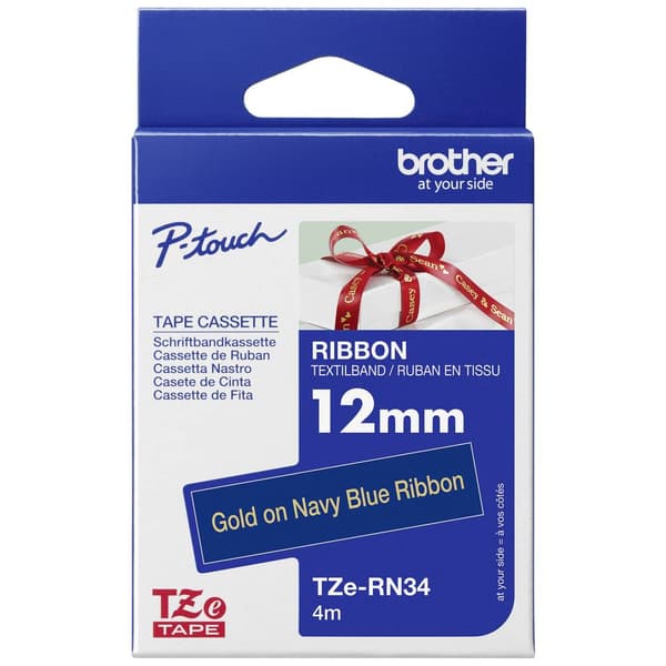Märkband olaminerad textil Brother TZe, TZ TZe-RN34 Bandfärg: Marinblå Skriftfärg:Guld 12 mm 4 m