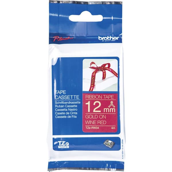Märkband olaminerad textil Brother TZe, TZ TZe-RW34 Bandfärg: Vinröd Skriftfärg:Guld 12 mm 4 m