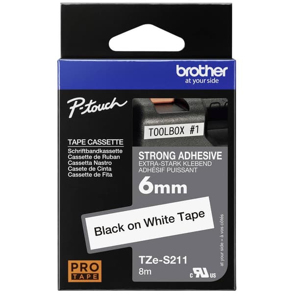 Märkband extras starkt lim Brother TZe, TZ TZe-S211 Bandfärg: Vit Skriftfärg:Svart 6 mm 8 m