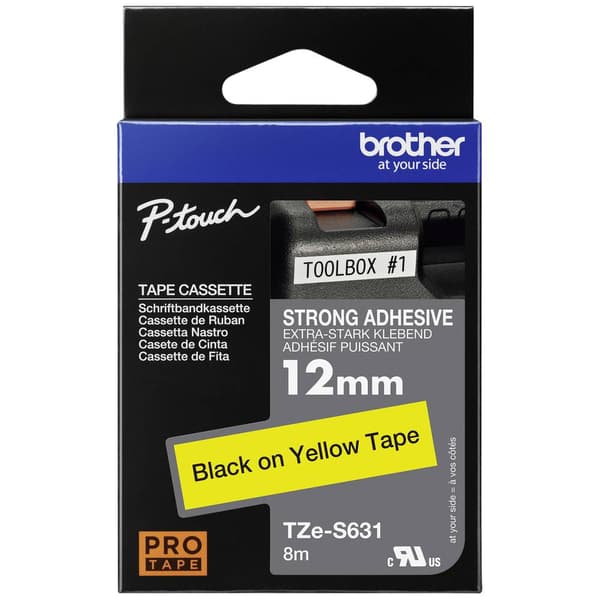 Märkband extras starkt lim Brother TZe, TZ TZe-S631 Bandfärg: Gul Skriftfärg:Svart 12 mm 8 m