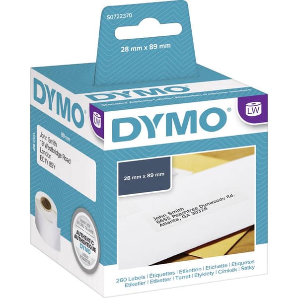 DYMO Etikettrulle 99010 S0722370 89 x 28 mm Papper Vit 260 st Permanent Adressetiketter