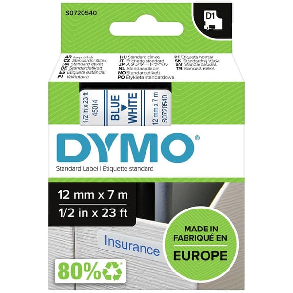 Märkband DYMO D1 45014 Bandfärg: Vit Skriftfärg:Blå 12 mm 7 m