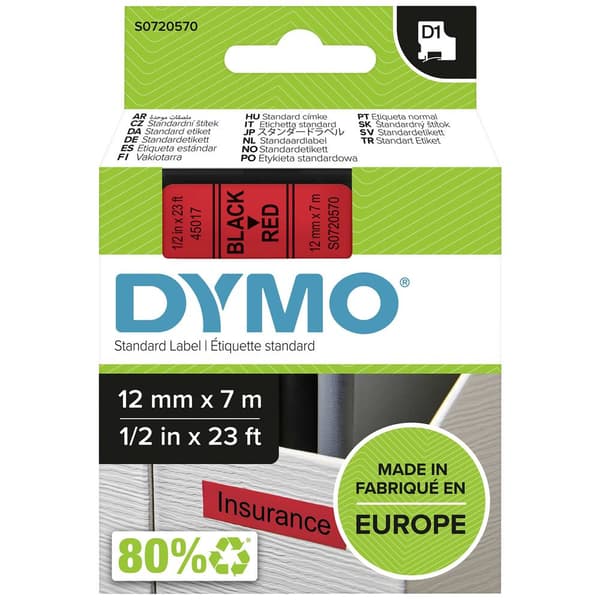 Märkband DYMO D1 45017 Bandfärg: Röd Skriftfärg:Svart 12 mm 7 m
