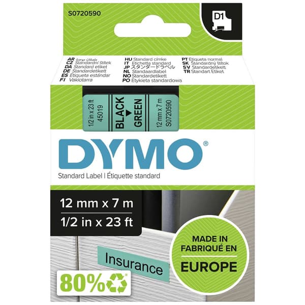 Märkband DYMO D1 45019 Bandfärg: Grön Skriftfärg:Svart 12 mm 7 m