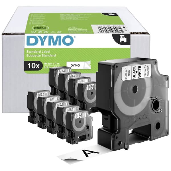 Märkband Set 10 st DYMO D1 2093098 Bandfärg: Vit Skriftfärg:Svart 19 mm 7 m
