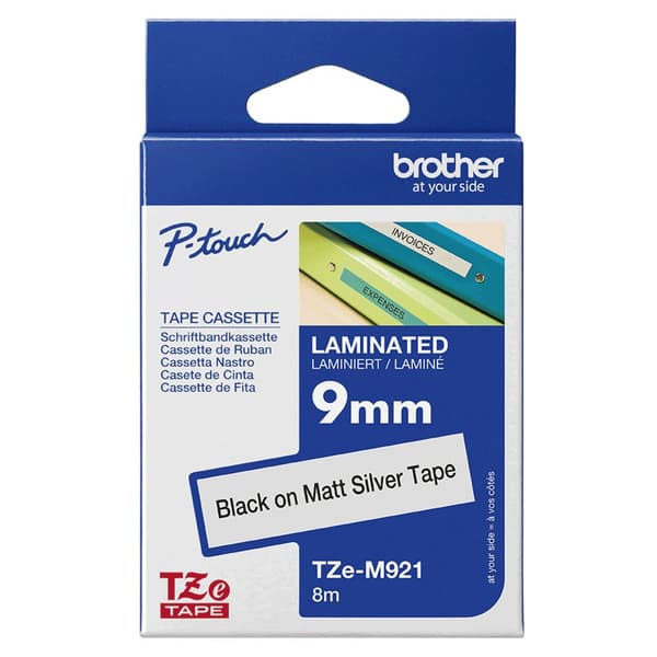 Märkband Brother TZe, TZ TZe-M921 Bandfärg: Silver (matt) Skriftfärg:Svart 9 mm 8 m