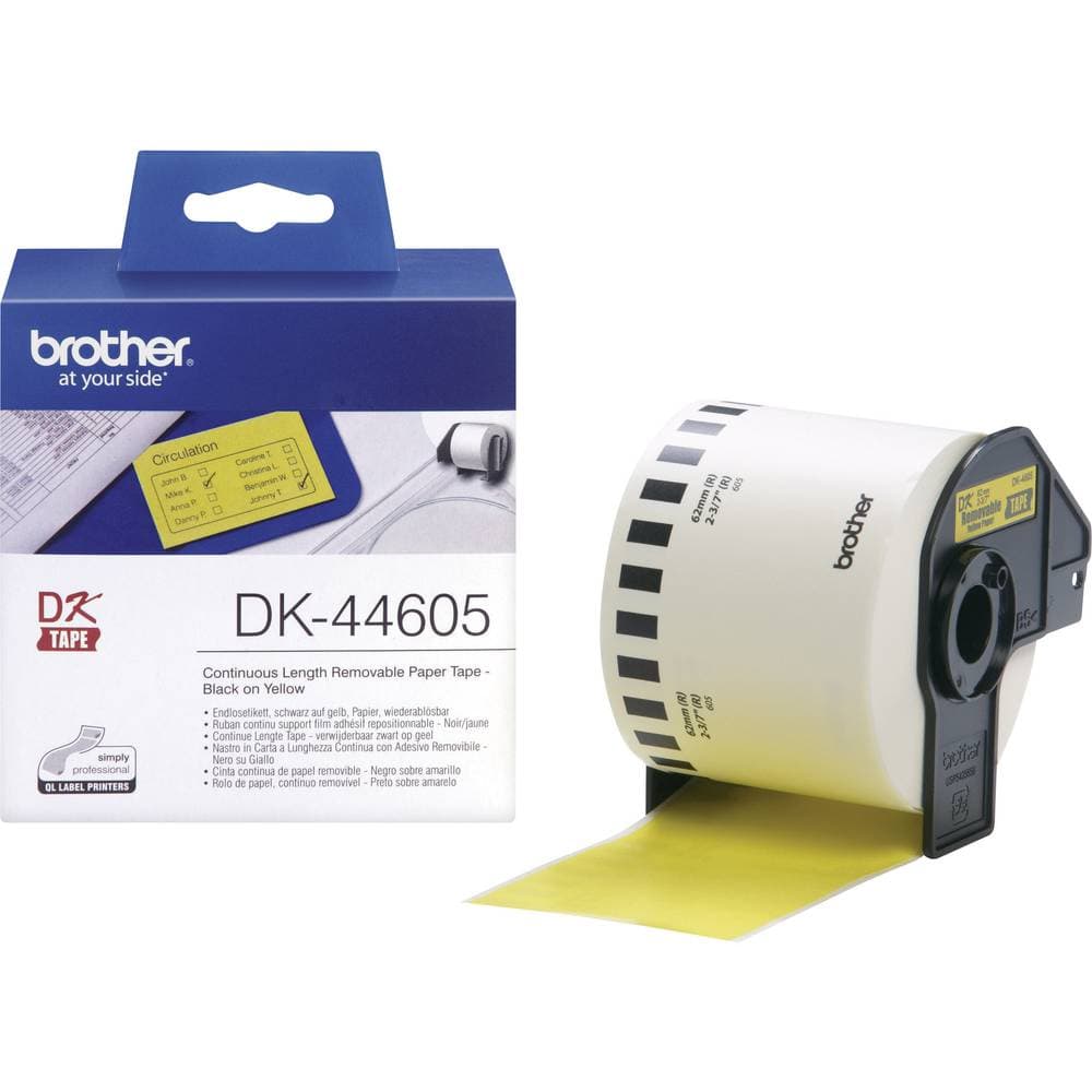 Brother Etikettrulle 62 mm x 30.48 m Papper Gul 1 st Repositionerbart DK44605 Universaletiketter