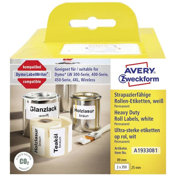 Avery-Zweckform Etikett rulle 89 x 25 mm Folie Vit 1 set A1933081 Universaletiketter