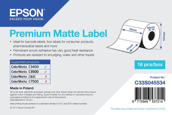 Epson Premium - Mat udstansede etiketter - 76 x 51 mm 650 etiketter (1 rulle(r) x 650) - til Epson TM-C3400-LT, TM C3400, C3400 SecurColor, C3400BK, C
