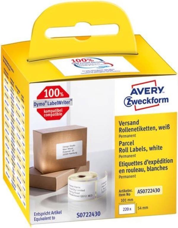 Avery-Zweckform Etikettrulle Kompatibel Ersätter DYMO, Seiko 99014, S0722430 101 x 54 mm Papper Vit 220 st Permanenta fraktetiketter AS0722430