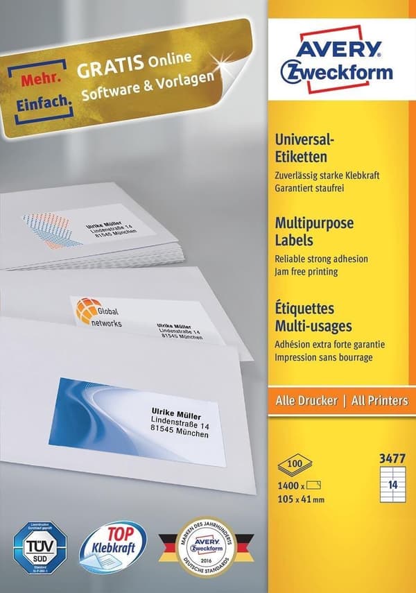 Avery vita etiketter QuickPeel-format 105 x 41 mm (bxh) 1 400 stycken 14 per ark låda med 100 ark