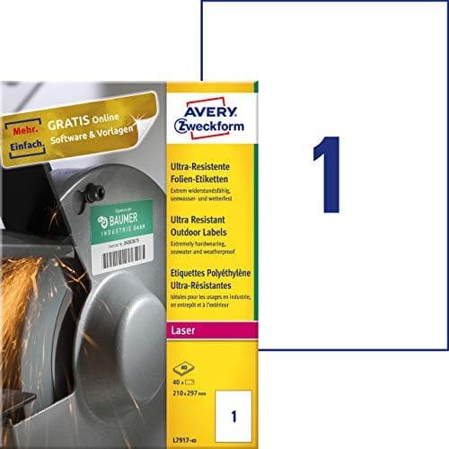 Avery - Polyeteeni (PE) - matta - pysyvä liima - valkoinen - A4 (210 x 297 mm) 40 tarraa (40 arkkia x 1) tarrat (L7917-40)