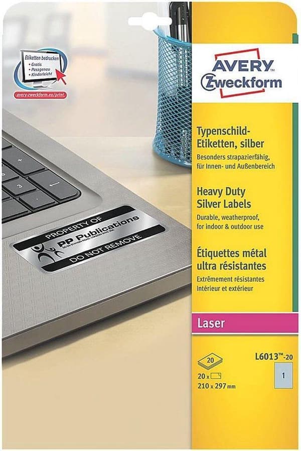 Avery Ultra Strong Labels, Sølv, 210,0 x 297,0 mm, Permanent Adhesive