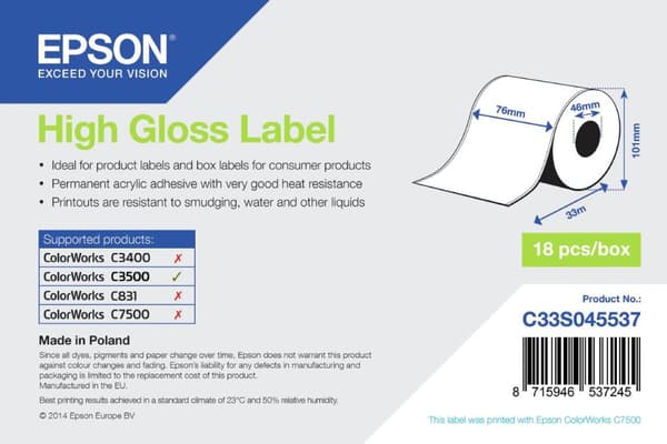 Epson - Glansiga etiketter - Rull (7,6 cm x 33 m) 1 rulle - för TM C3500 (C33S045537)