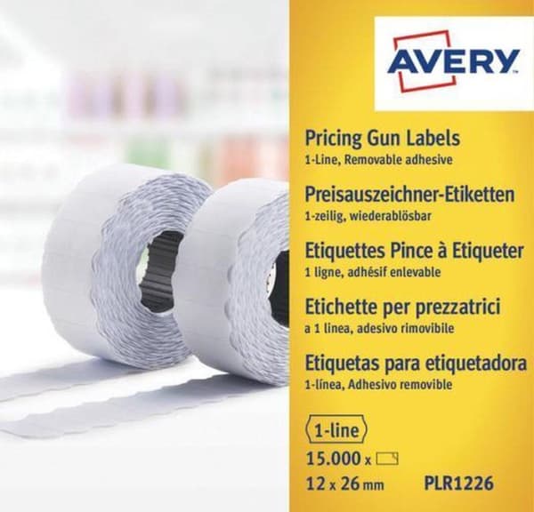 Hintapihdit etiketit Avery ei-pysyvä 26x12mm valkoinen 10 rullaa laatikossa